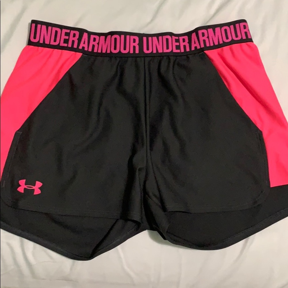 Grey and Neon Pink UA Shorts- size S